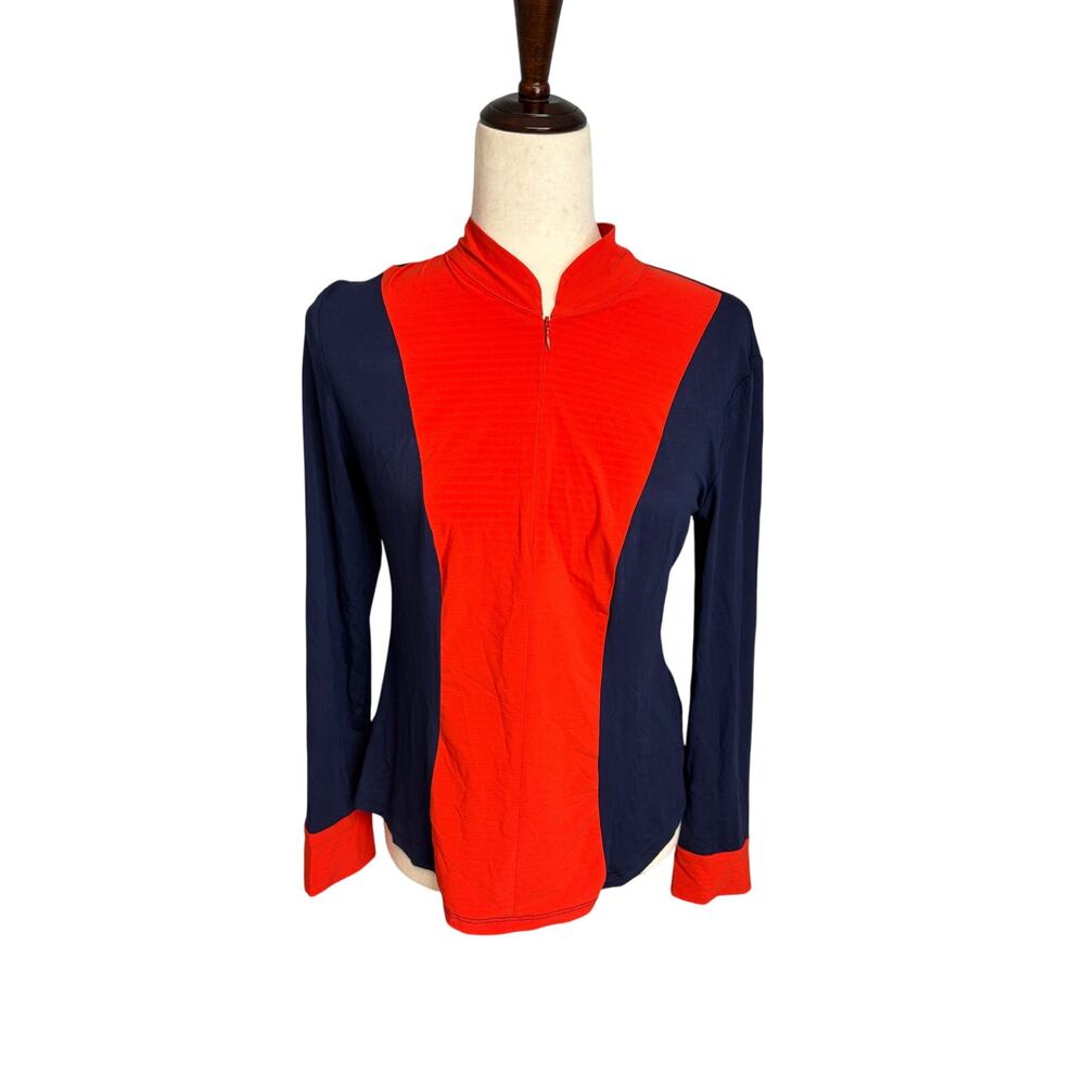 Movetes long sleeve mindy polo shirt maritime blue w/ flame scarlet womens small